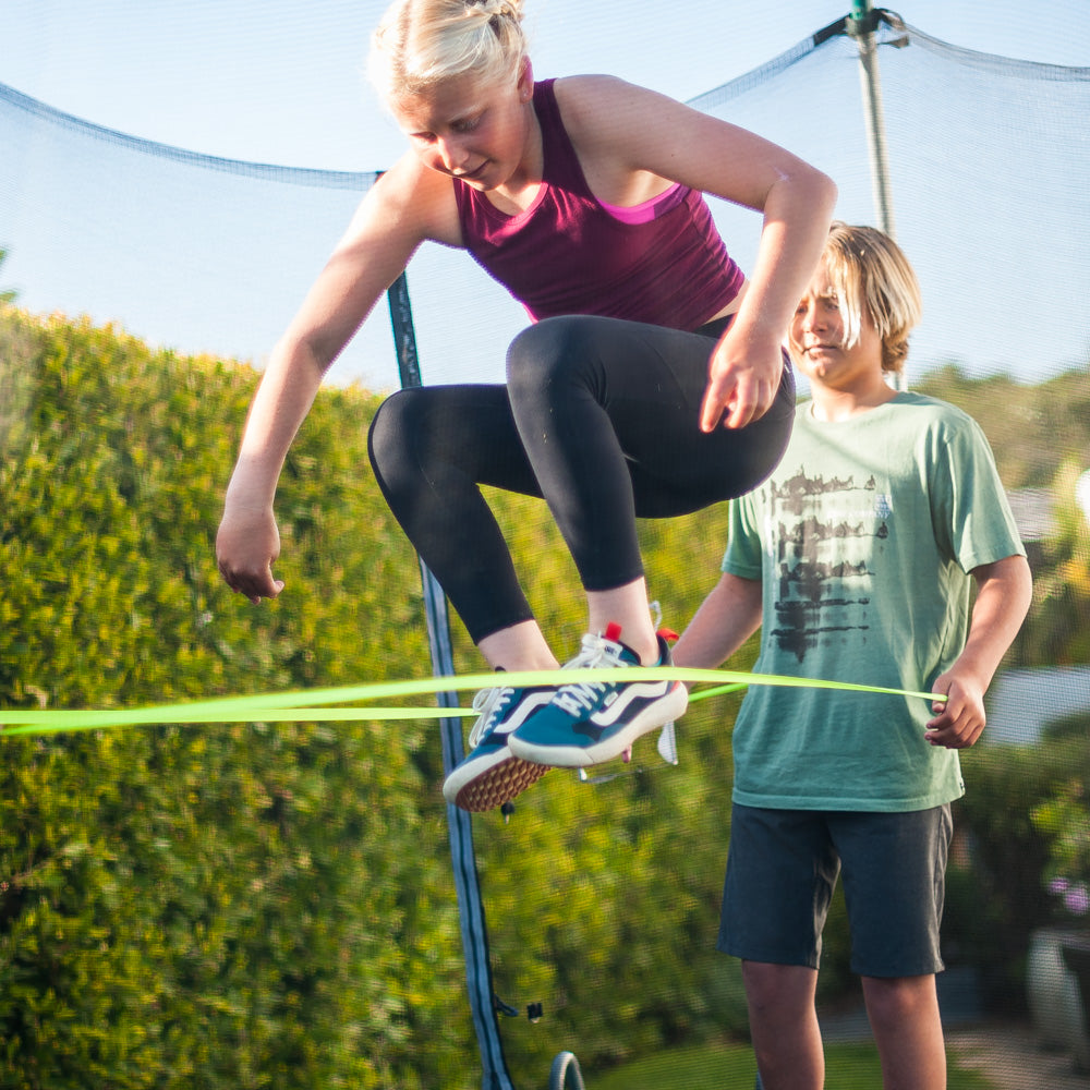 Fun is an understatement! The ATHLETICISM Jump Band is similar to the Chinese Jump Rope. It is a soft, durable, elastic band, while others are rubber. It can be used for all ages. It is best used with two friends with the band around their legs as the third person jumps. 